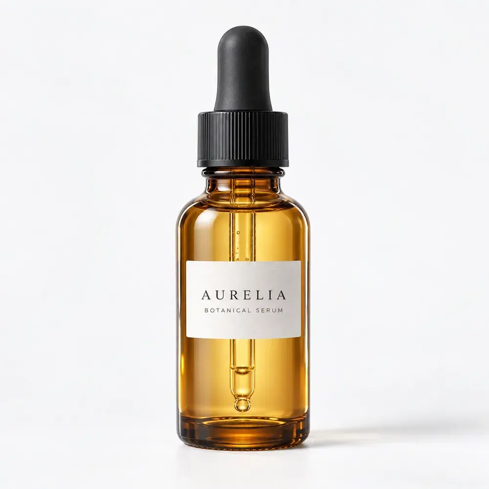 Cosmetic & Essential Oil Bottles shown with a sample botanical serum label