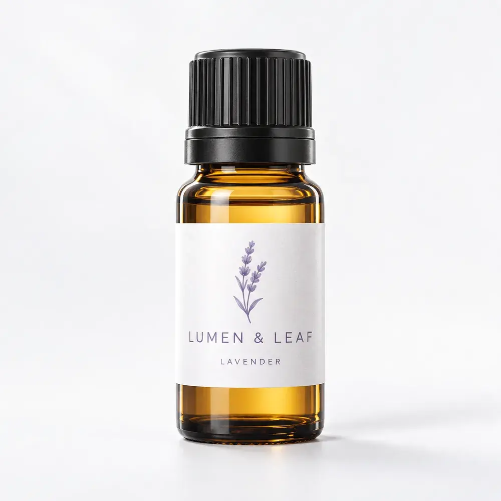 Cosmetic & Essential Oil Bottles shown with a sample lavender oil label