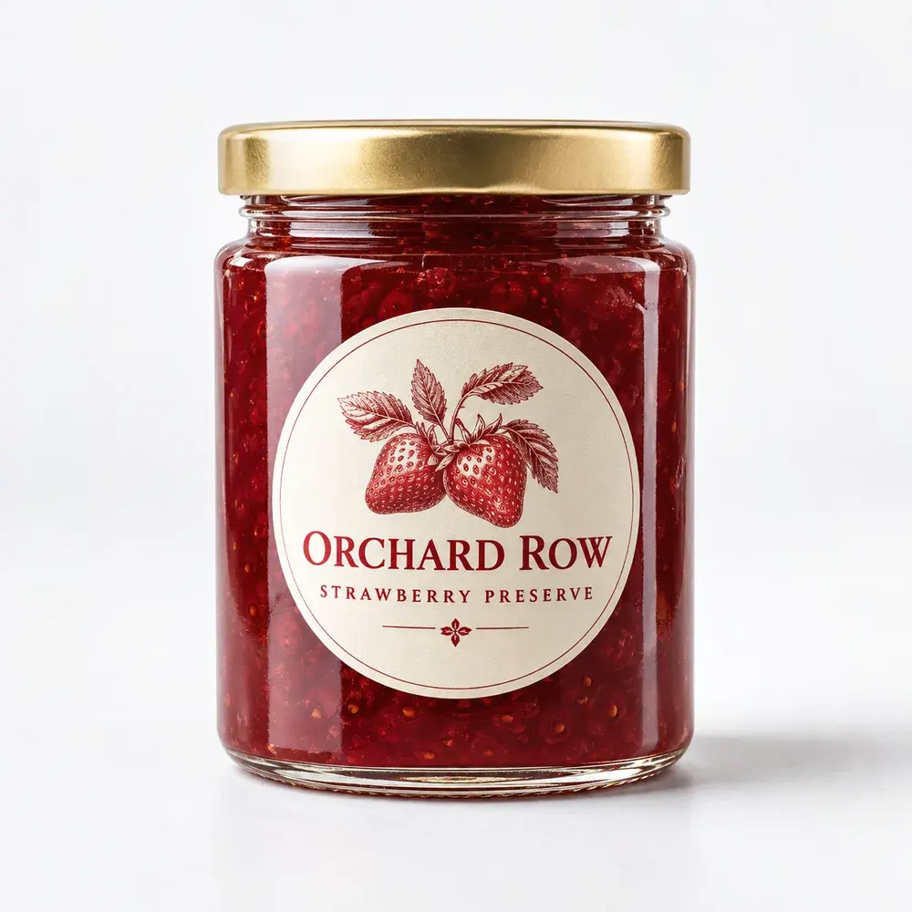 Glass Jars shown with a sample strawberry preserve label