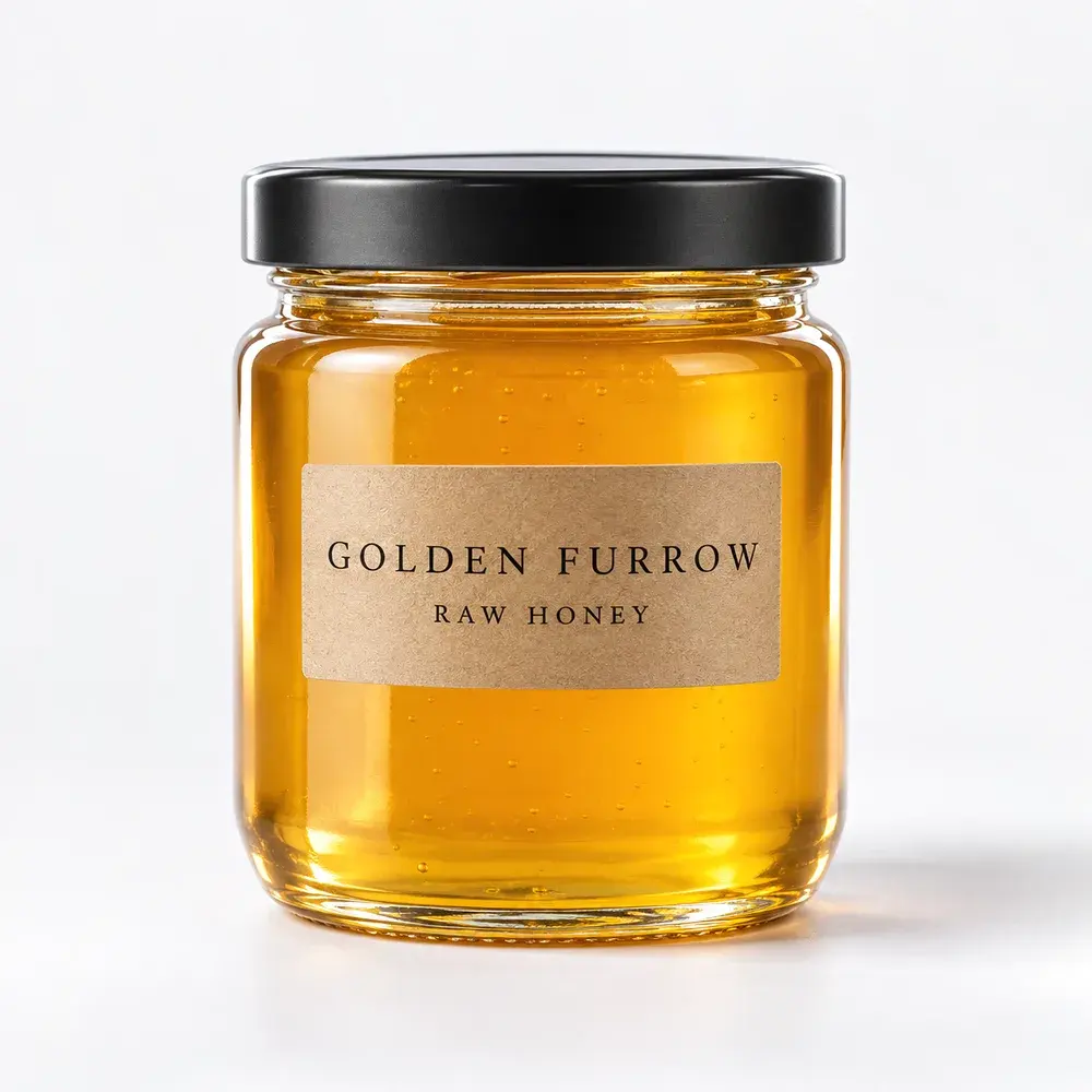 Glass Jars shown with a sample raw honey label
