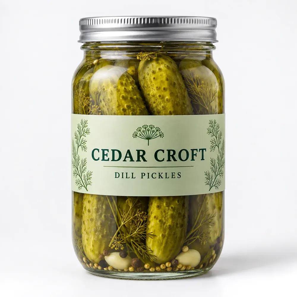 Glass Jars shown with a sample dill pickles label