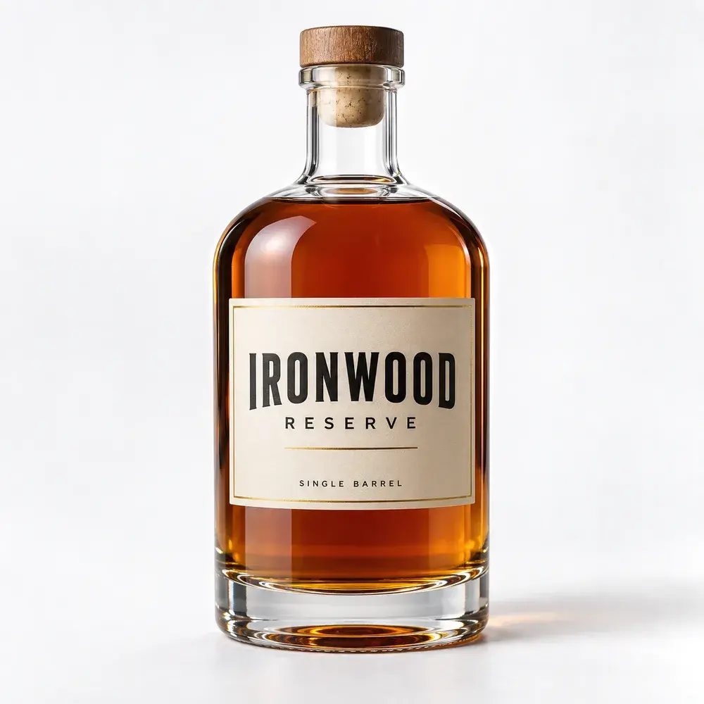 Liquor Glass Bottles shown with a sample single barrel whiskey label