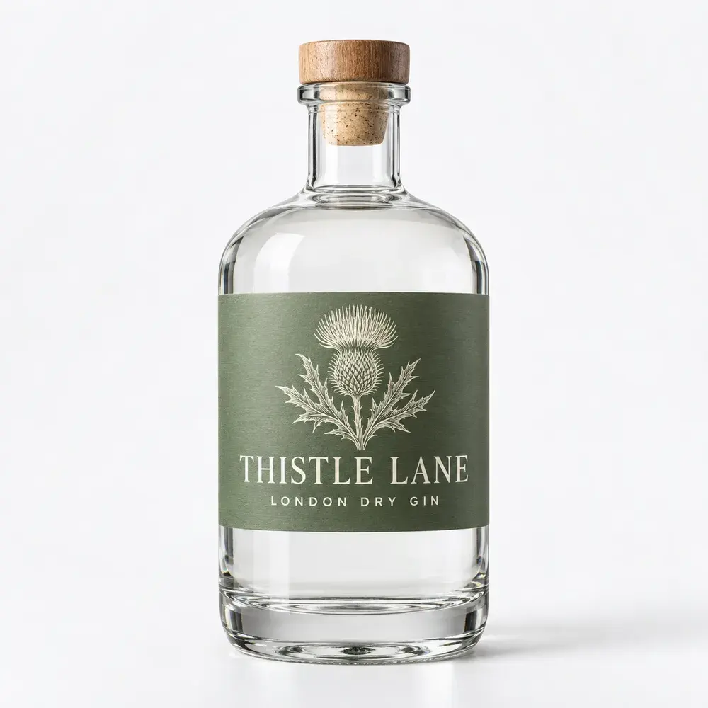 Liquor Glass Bottles shown with a sample london dry gin label
