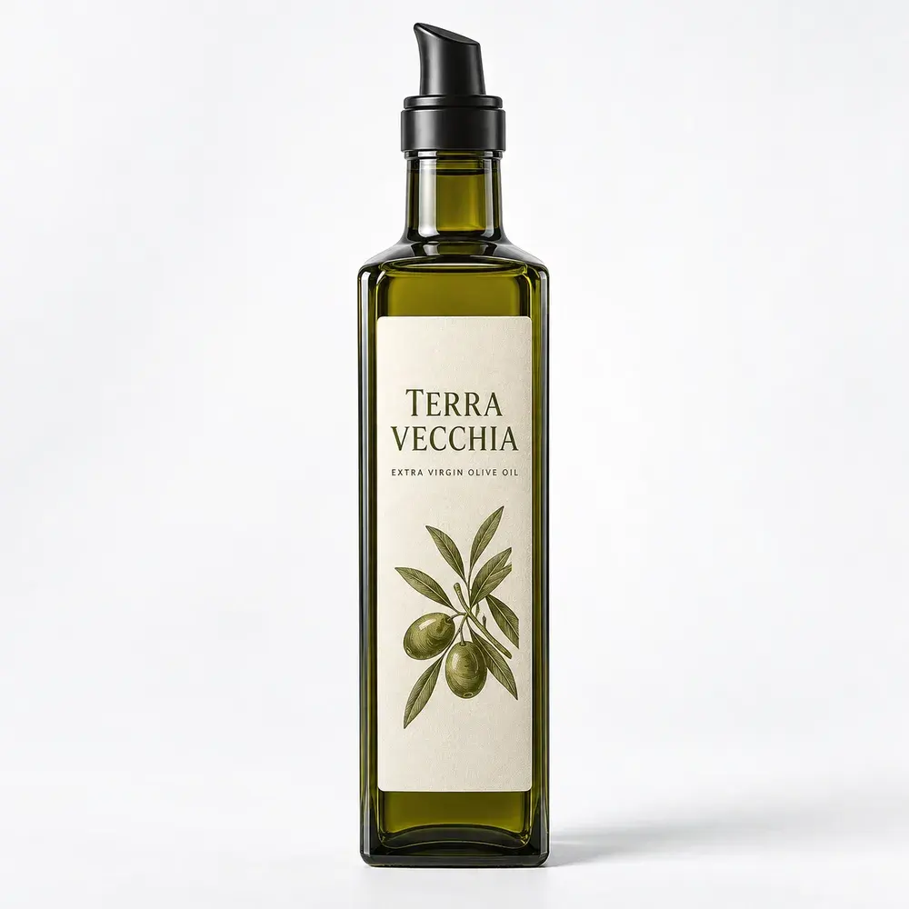 Olive Oil Glass Bottles shown with a sample extra virgin olive oil label