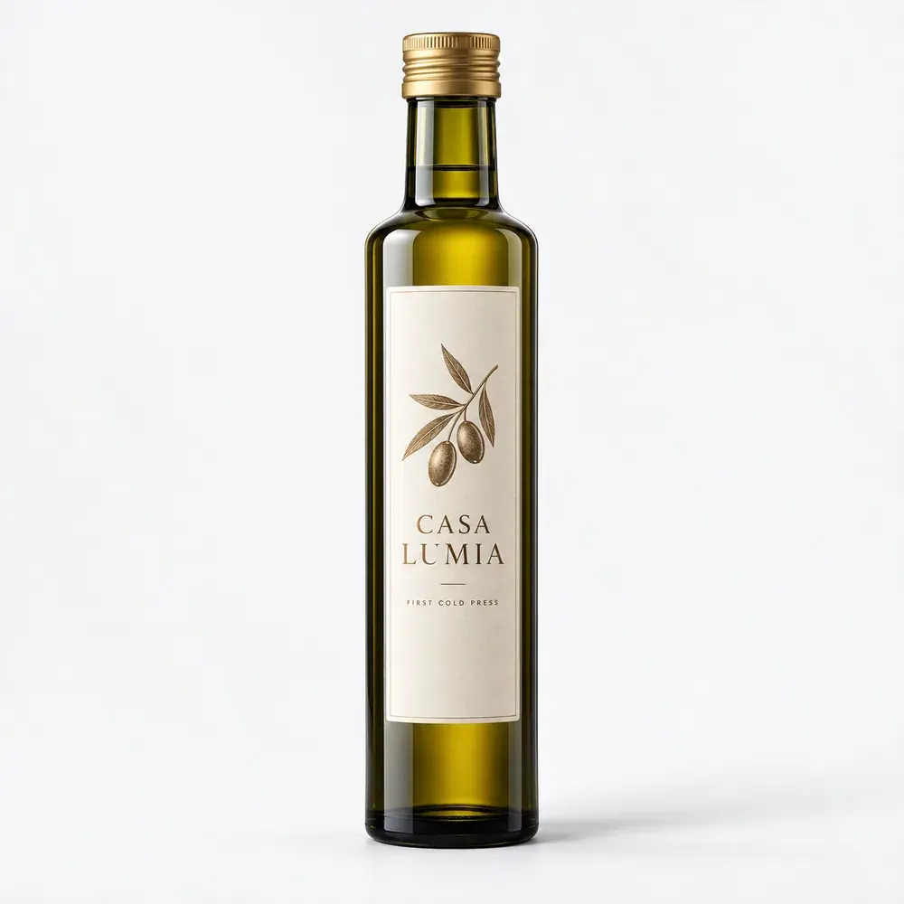 Olive Oil Glass Bottles shown with a sample first cold press label
