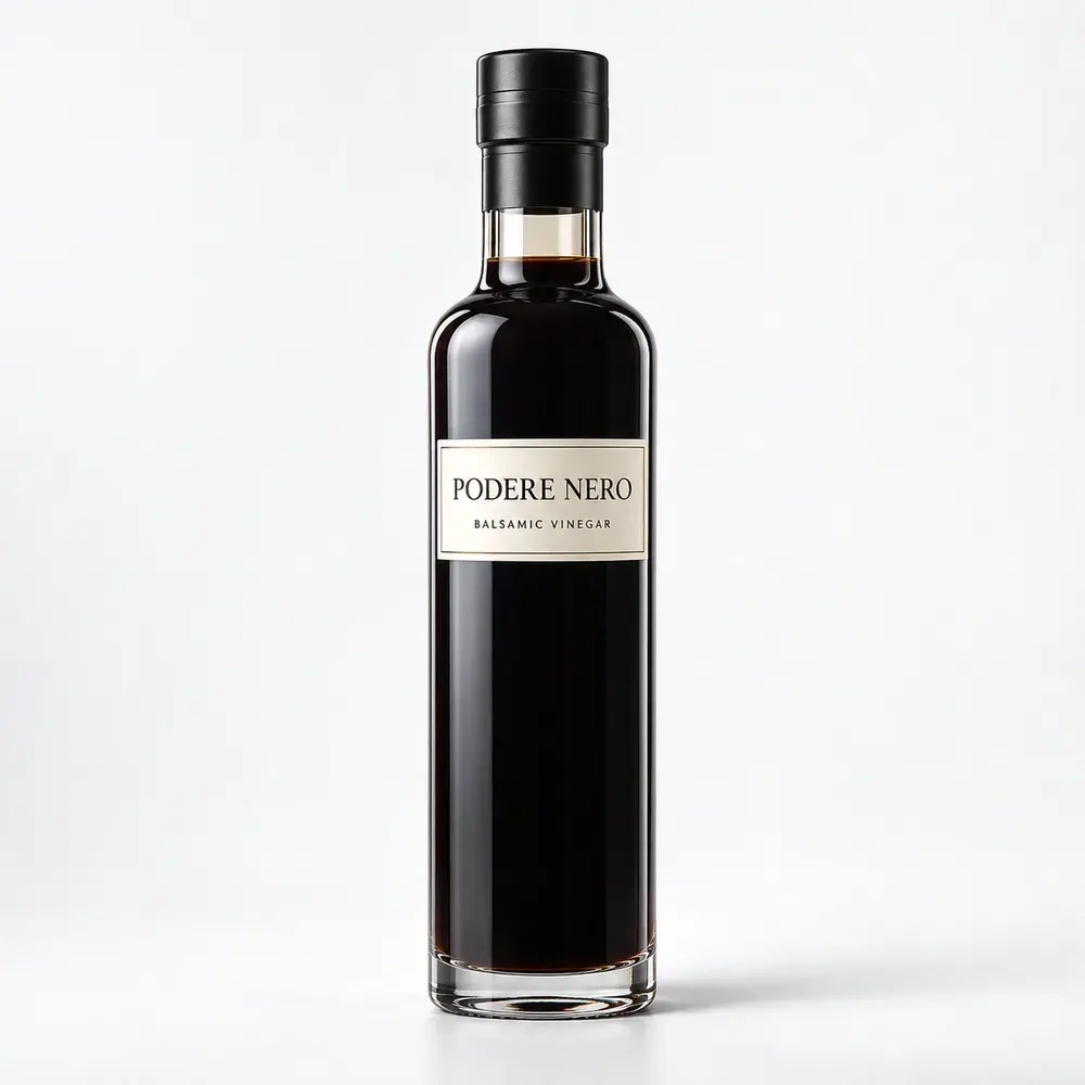 Olive Oil Glass Bottles shown with a sample balsamic vinegar label
