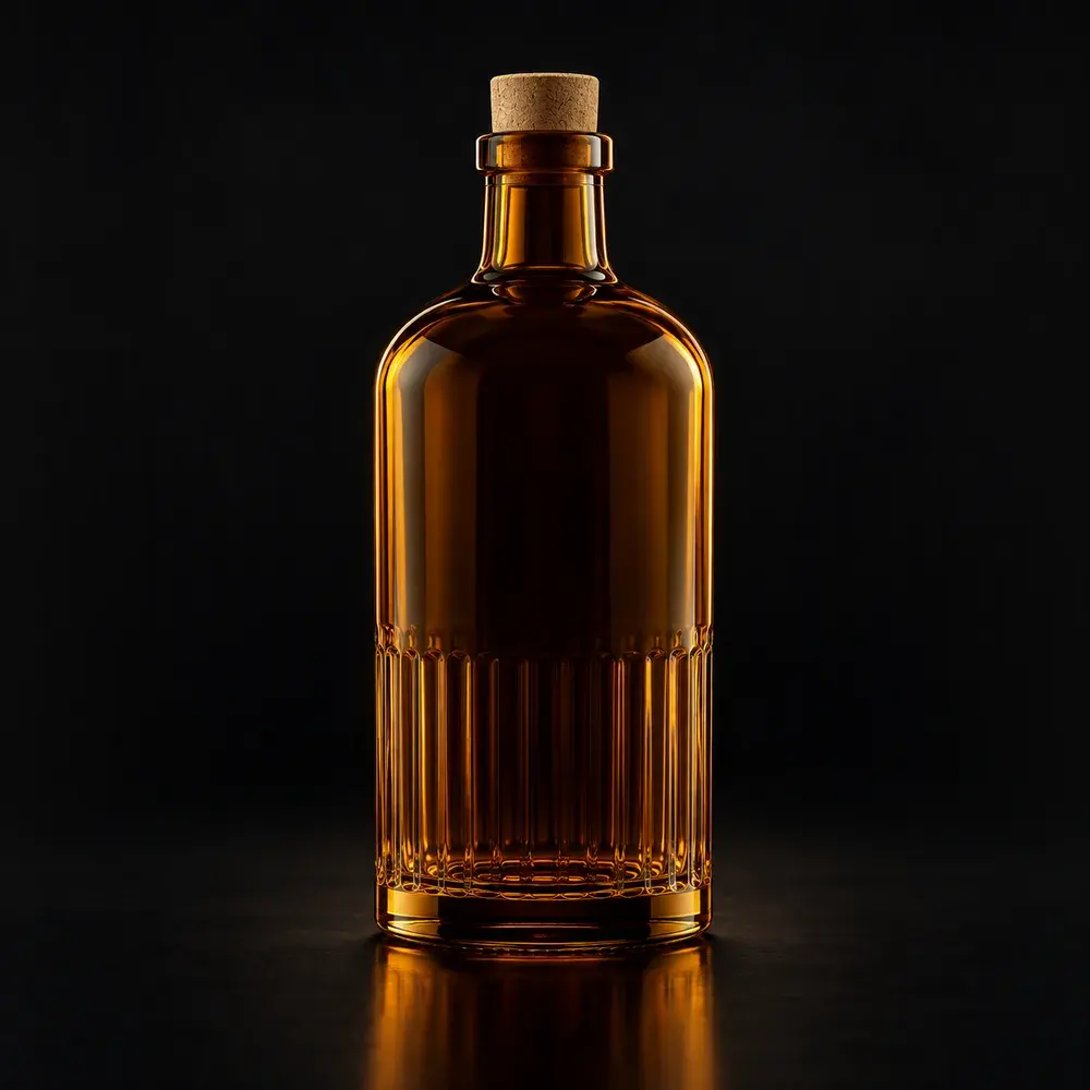 Amber glass bottle with a relief pattern moulded into the body