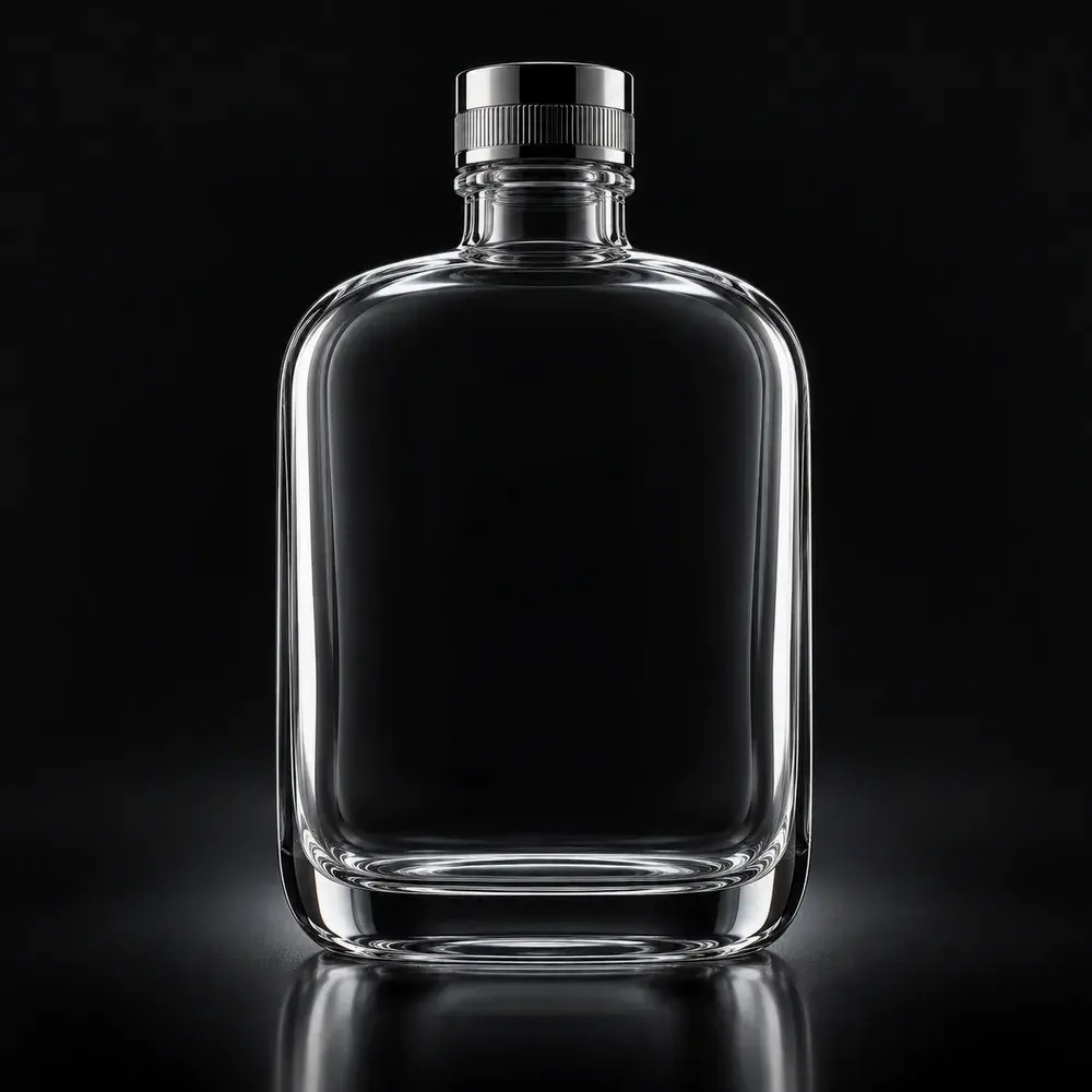 Flask-style flint glass bottle with a chrome-finish metal cap
