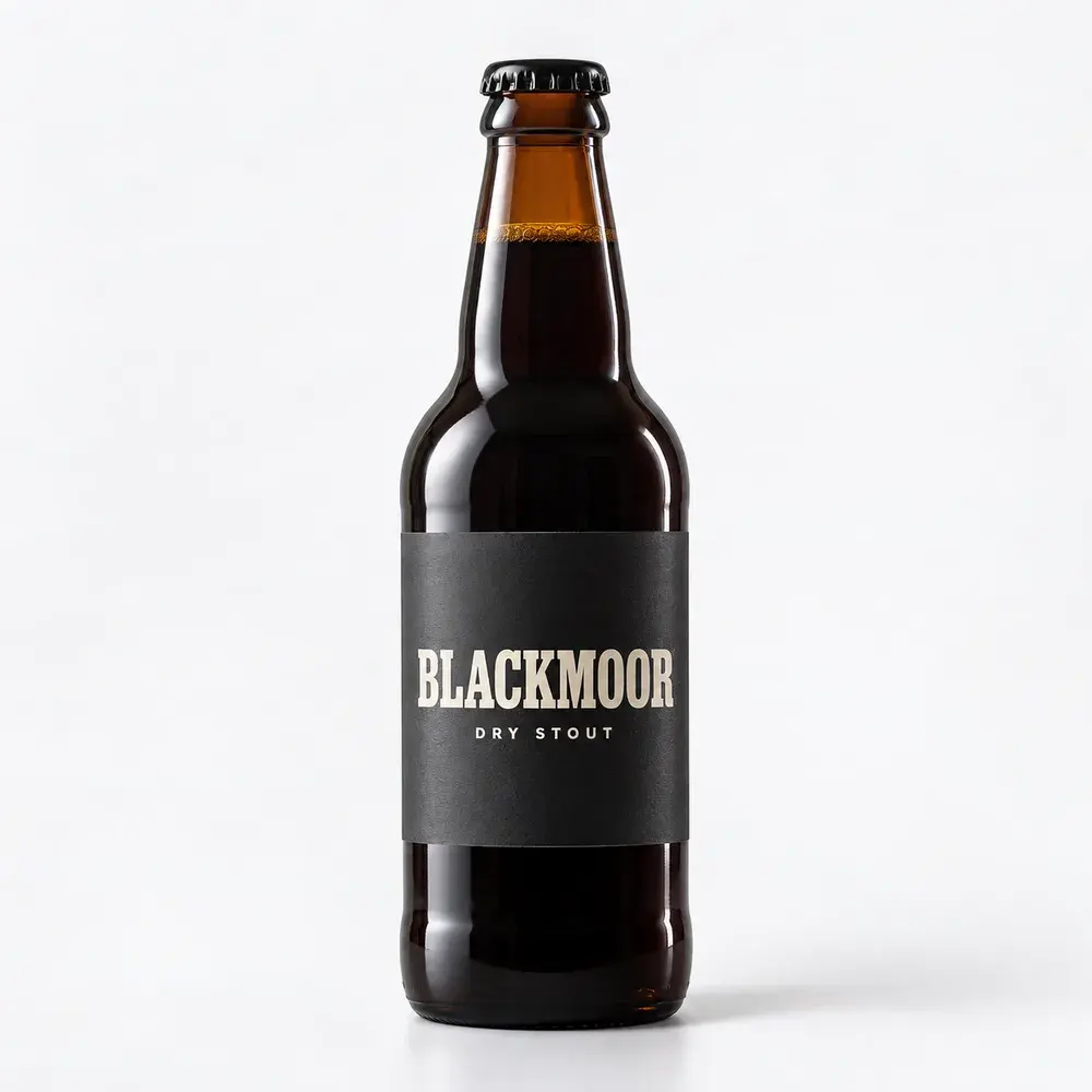 Beer Glass Bottles shown with a sample dry stout label