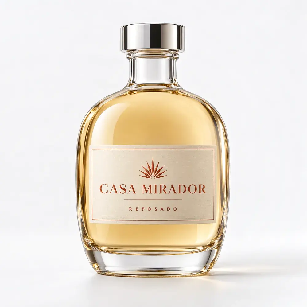 Liquor Glass Bottles shown with a sample reposado tequila label