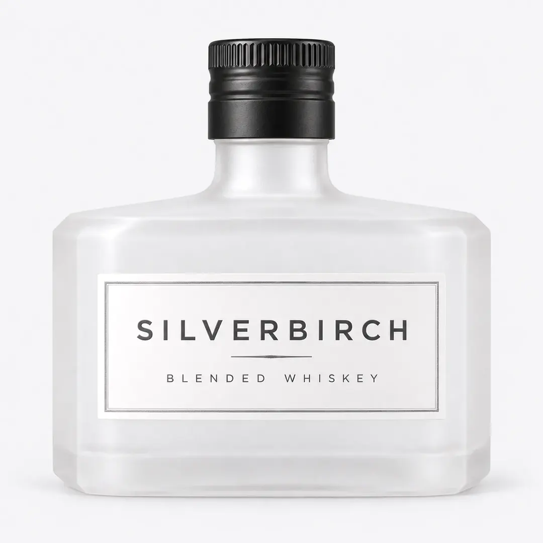 Frosted Square Glass Bottle 04 – Low Square Flask Shape for Whiskey and Blended Spirits