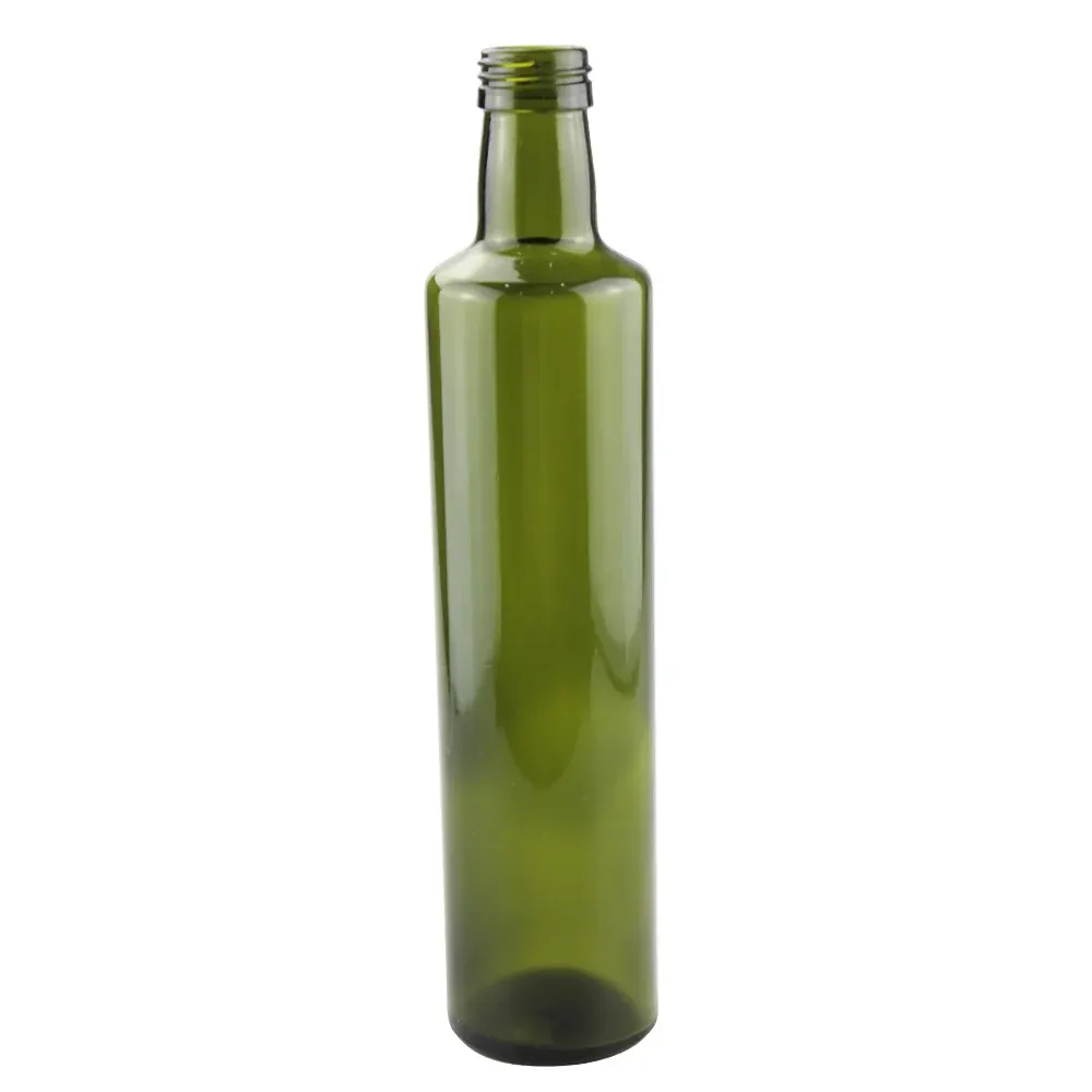 Single green olive oil glass bottle with tamper-evident pourer finish