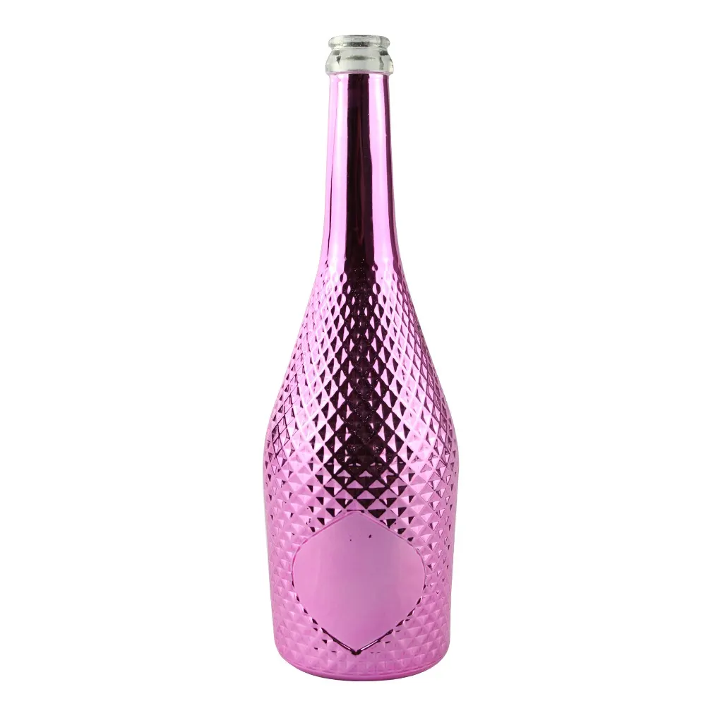 Pink electroplated wine bottle with diamond-cut pattern, custom decoration example