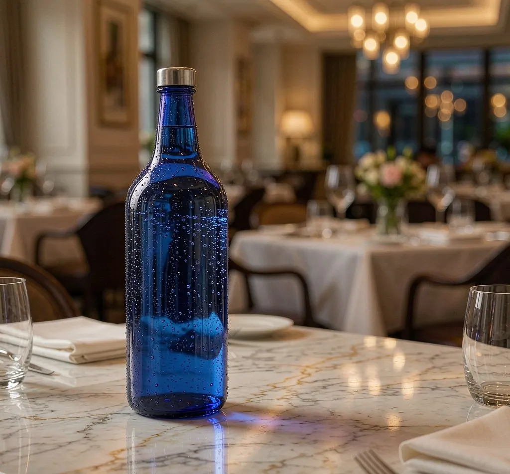 Échantillons de bouteilles en verre bleu contrôlés lors de la validation d’un nouveau moule