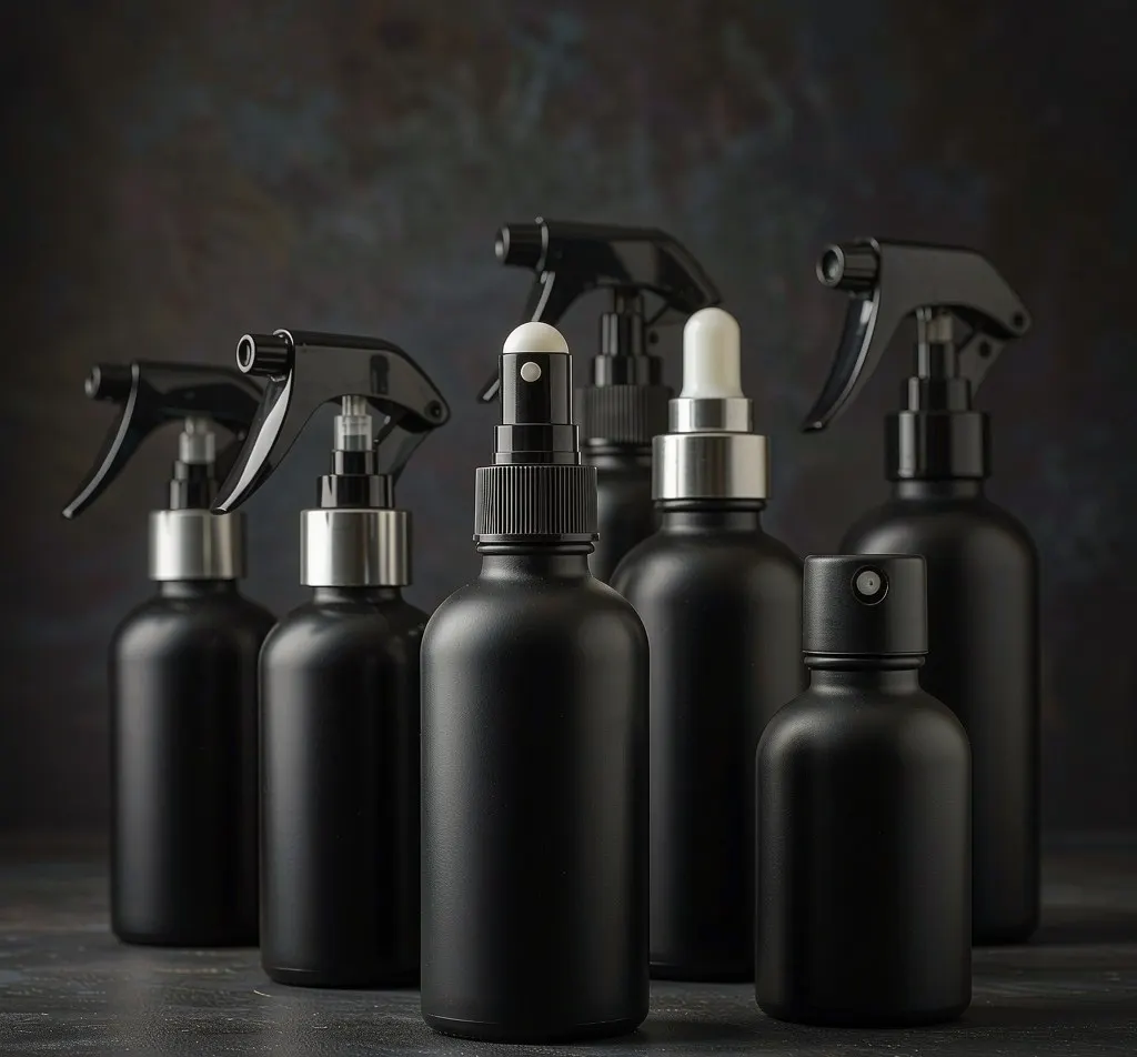 Matte black glass dropper and spray bottles in graduated sizes