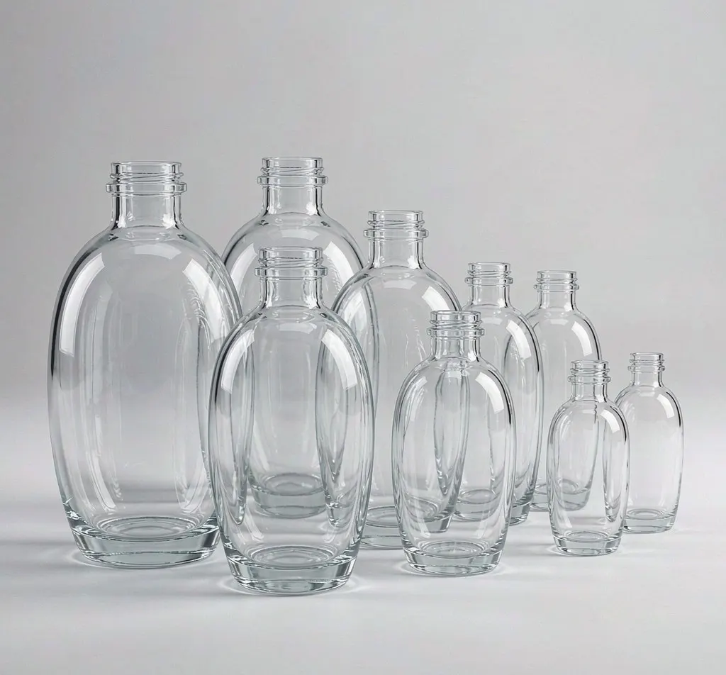 Flint clear oval glass bottles in graduated sizes on studio background