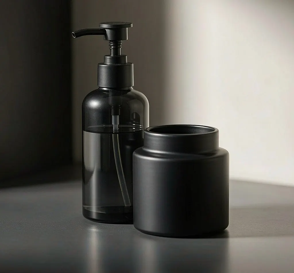 Matte black glass lotion pump bottle beside a matte black jar