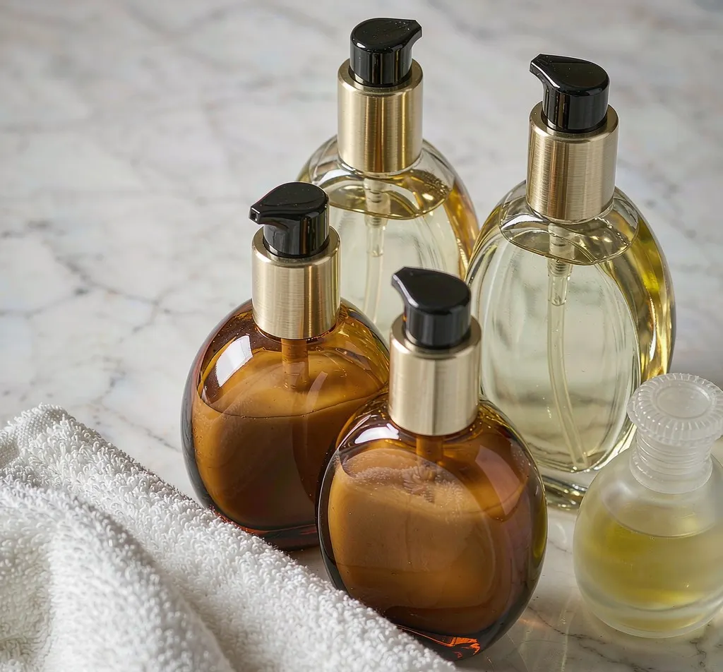 Oval glass cosmetic bottles in amber and clear glass on a spa counter