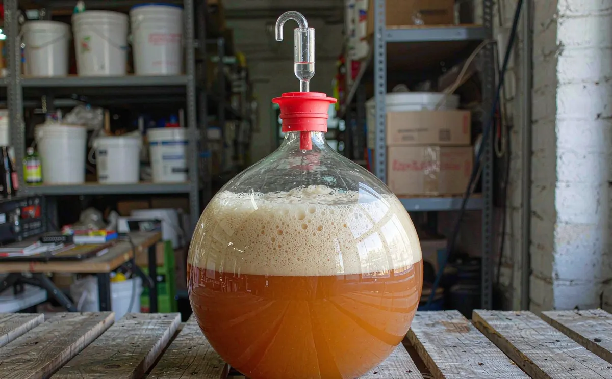 Glass carboy fermenting amber beer with an airlock on a workbench