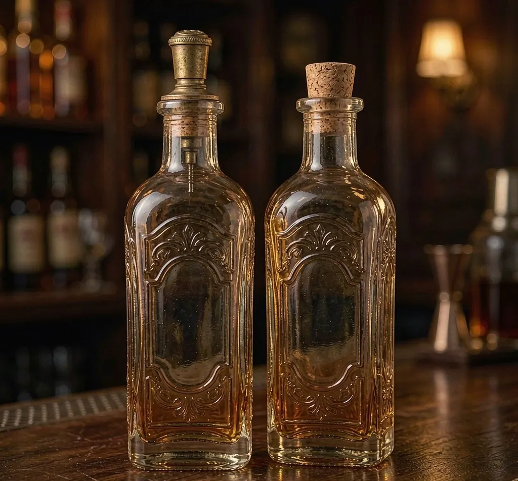 Vintage embossed glass bitters bottles with dasher top and cork