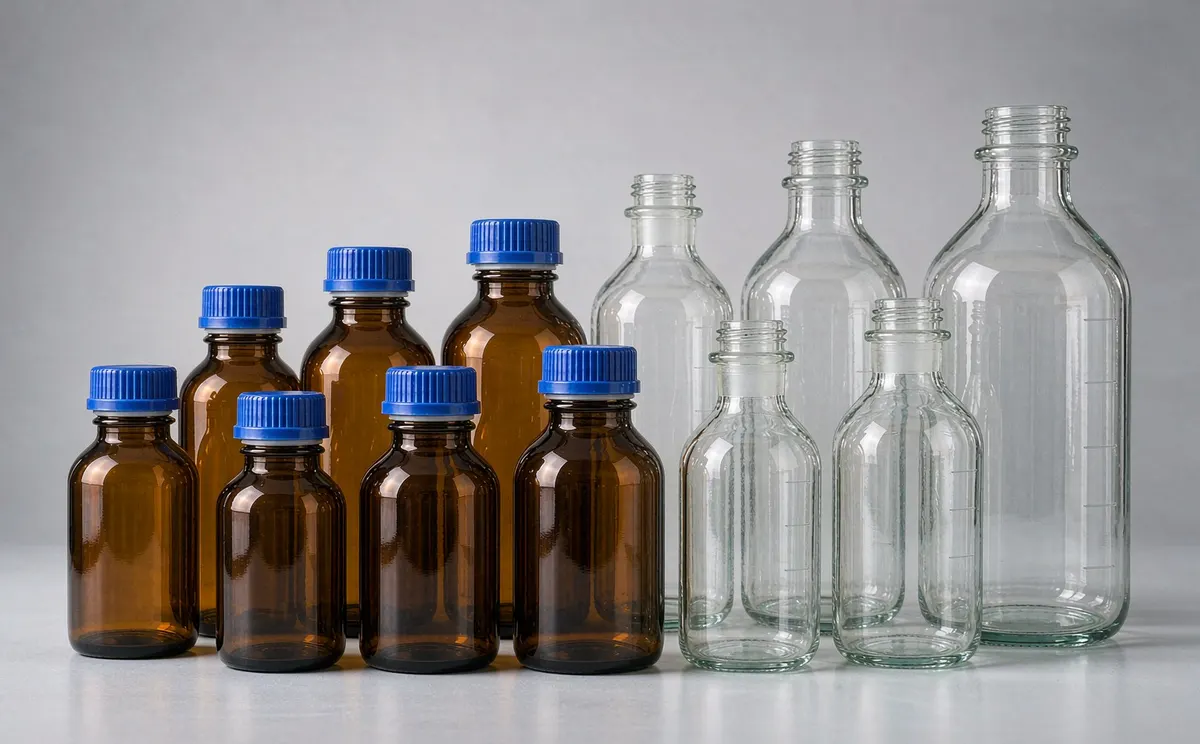 Amber glass reagent bottles with blue GL45 caps and clear Winchester solvent bottles