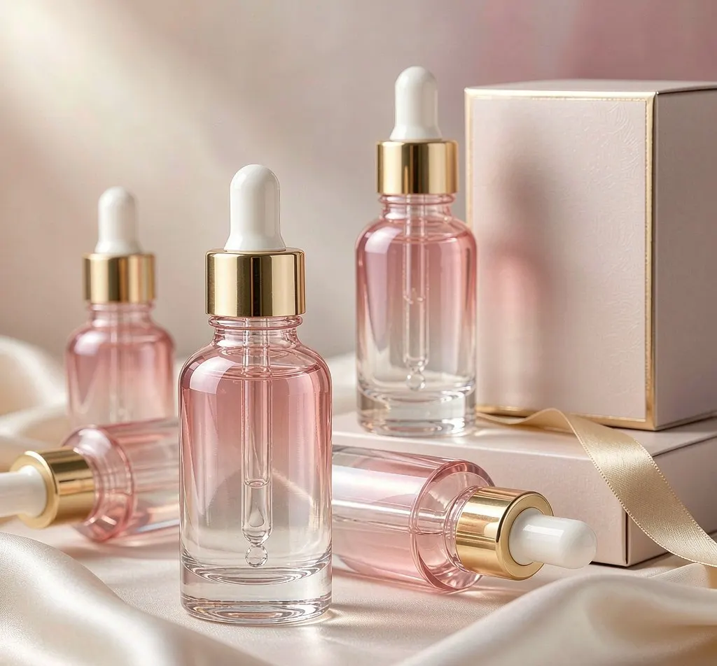 Pink to clear gradient glass serum bottles with gold droppers