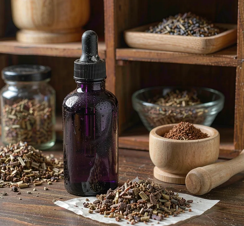 Violet glass dropper bottle on a wooden apothecary shelf with dried herbs