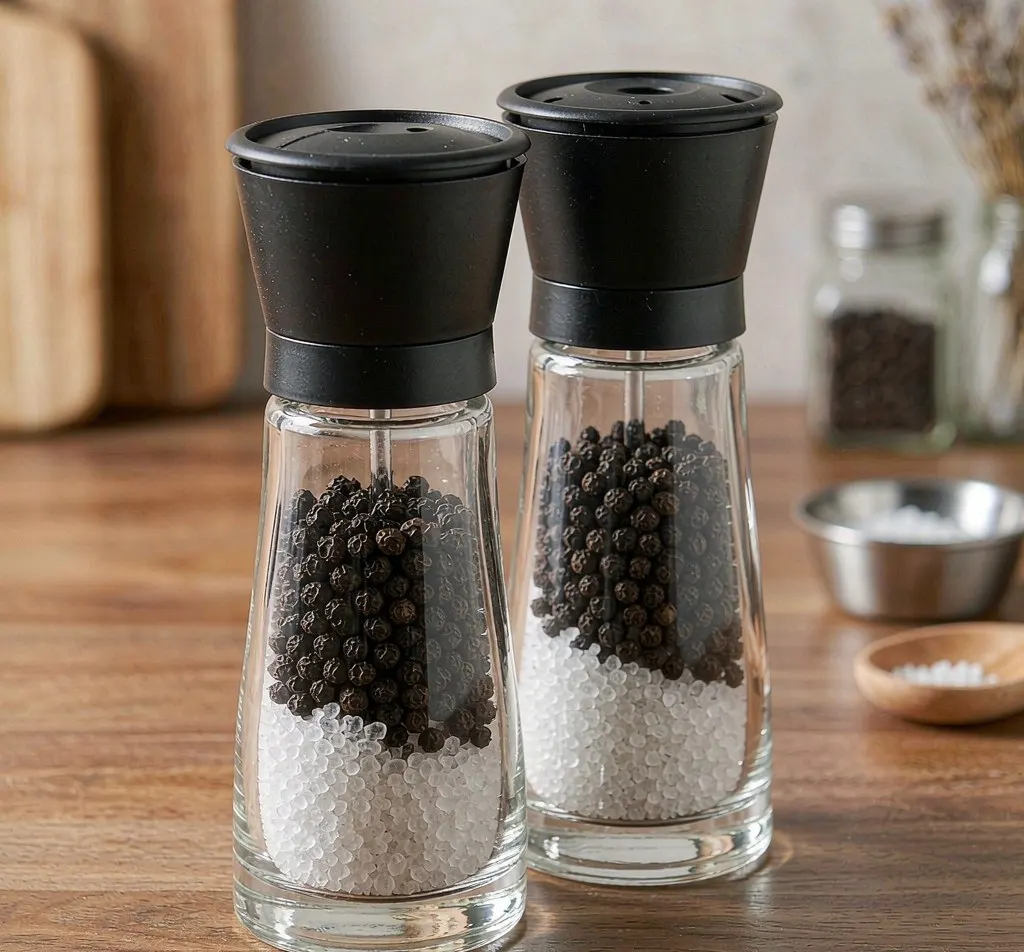 Clear glass spice grinder bottles with black adjustable grinder tops