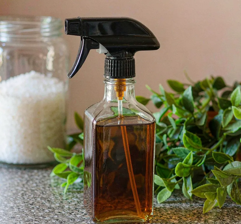 Amber glass trigger spray bottle on kitchen counter beside green plants