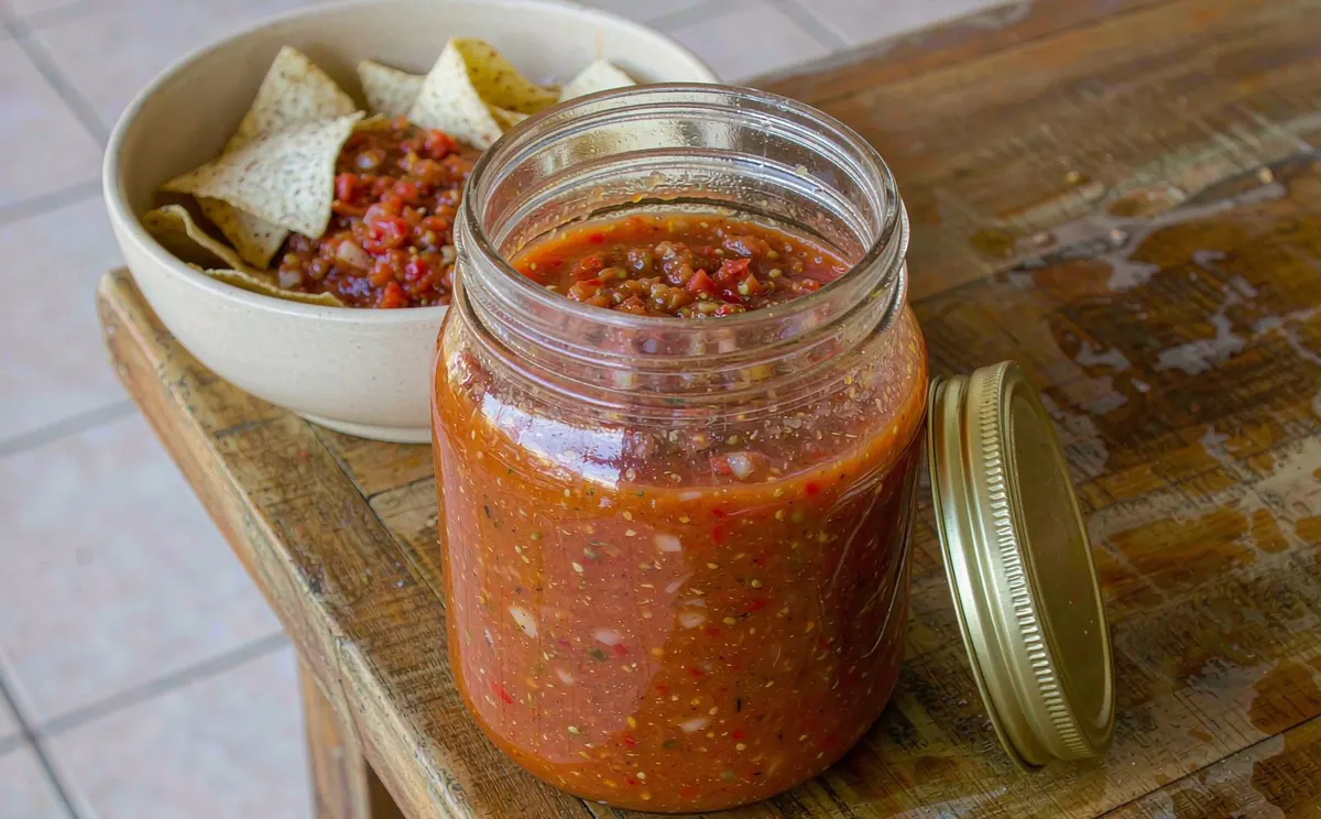 Wide-mouth glass jar filled with chunky salsa beside tortilla chips