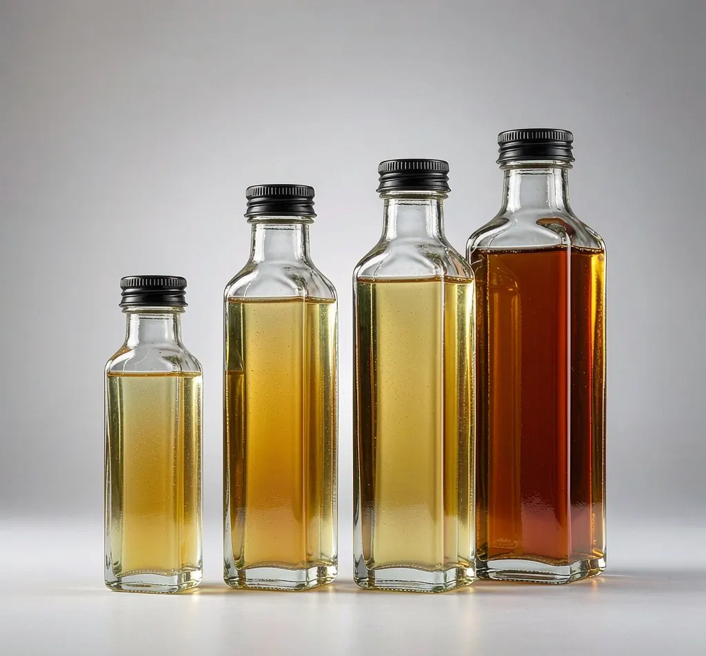 French square glass bottles with black caps filled with juice and syrup