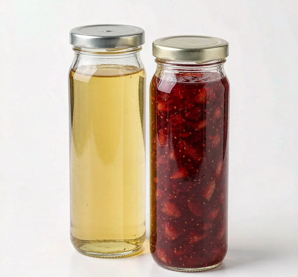 Tall slender paragon glass jars with metal lids filled with honey and jam