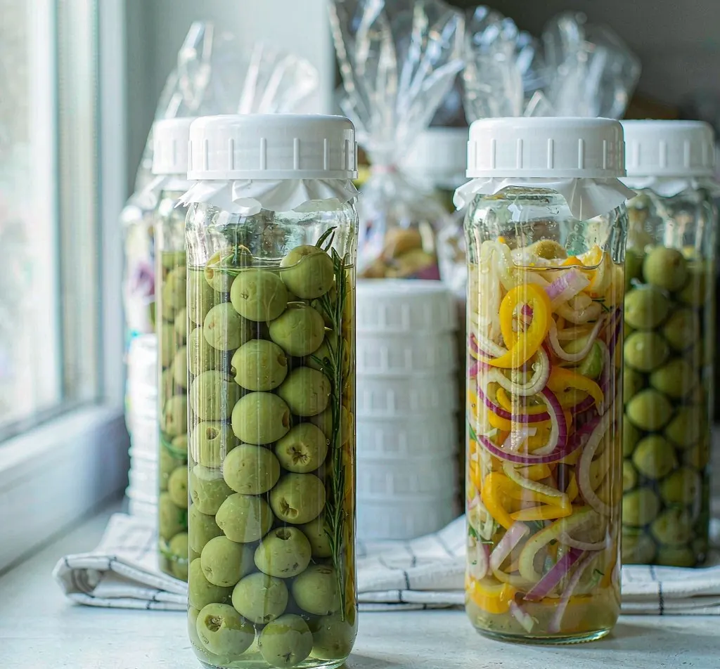 Tall slim glass jars with lug caps holding olives and pickles