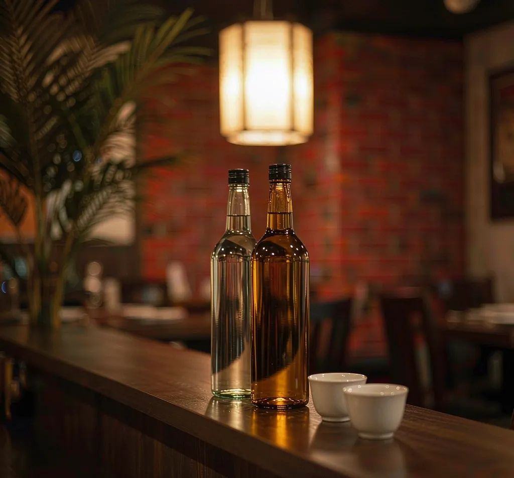 Clear and amber glass sake bottles on wooden Japanese restaurant counter