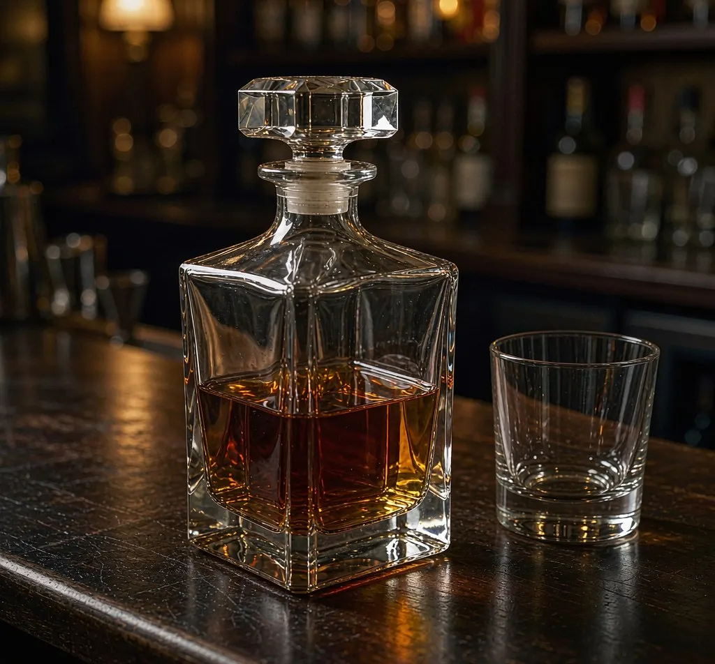 Square crystal whiskey decanter with stopper on a dark wooden bar counter