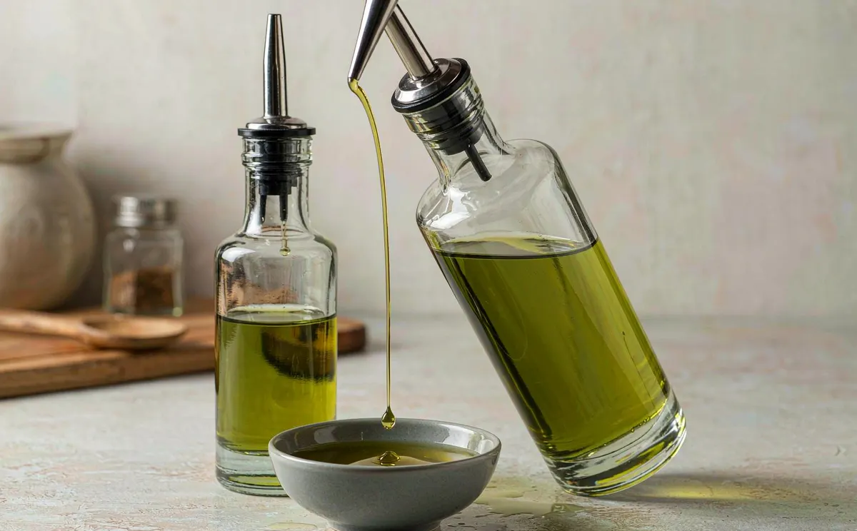 Glass cruet pouring olive oil into a tasting bowl