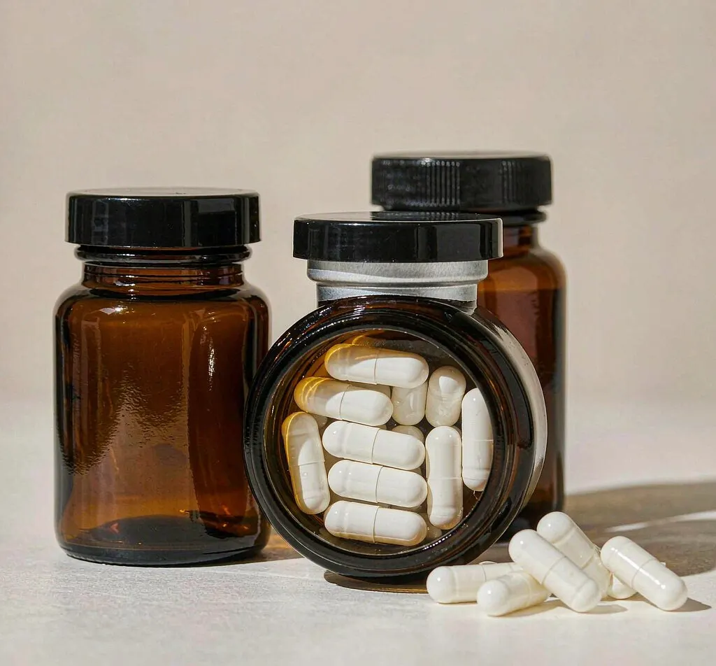 Amber glass supplement jars with capsules in wellness scene