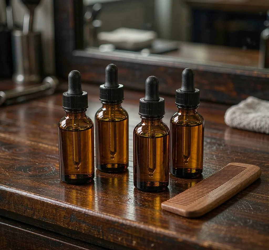 Amber glass beard oil dropper bottles with wooden comb on barber counter