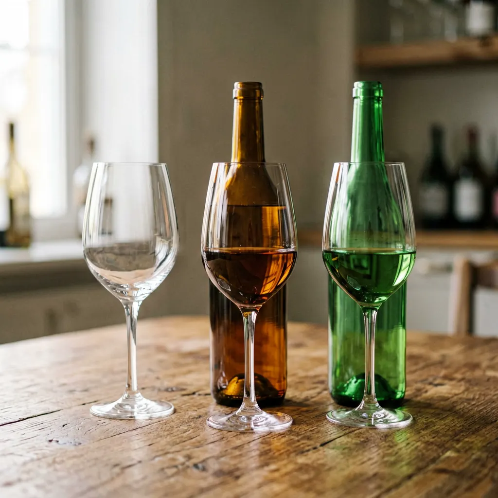 Three wine bottles in green brown and clear glass on a wooden wine rack