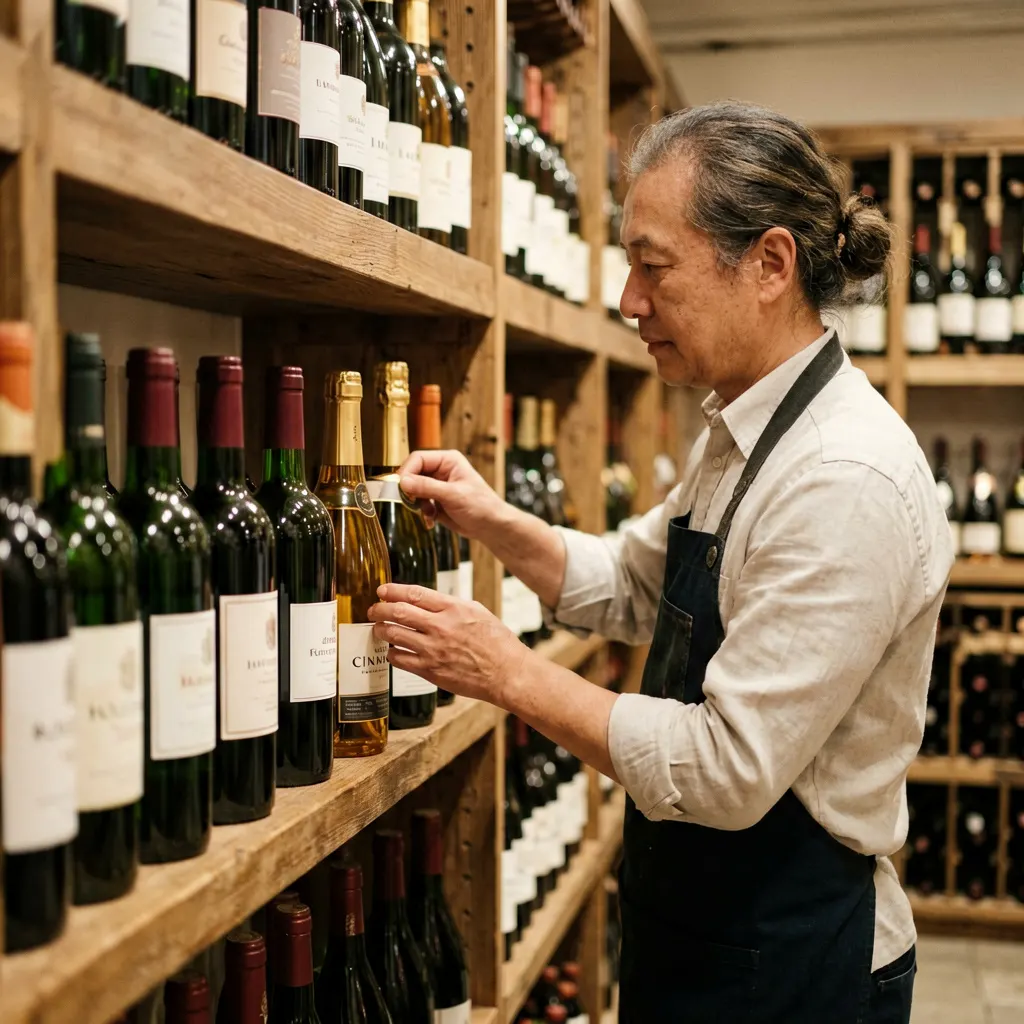 Sommelier selecting wine bottles from a cellar shelf comparing green and brown glass bottles