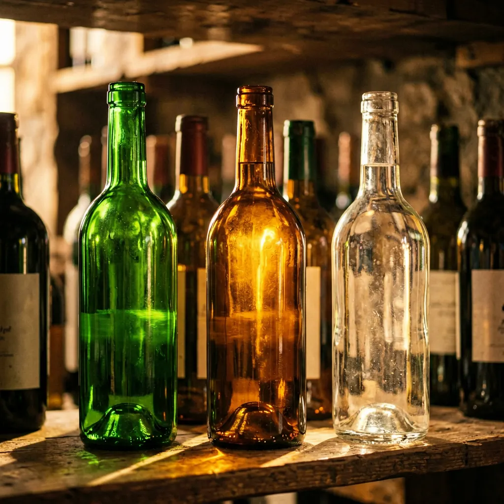 Amber brown wine bottles in a dimly lit wine cellar with warm lighting