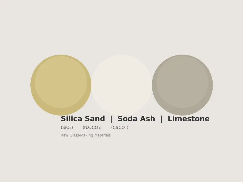 Raw glass making materials including silica sand, soda ash, and limestone on an industrial surface