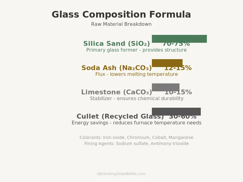 Infographic showing glass composition formula with silica sand soda ash and limestone proportions