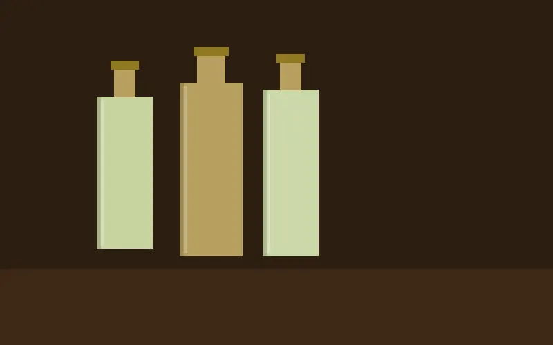 Square tequila glass bottles arranged on a dark wooden bar counter