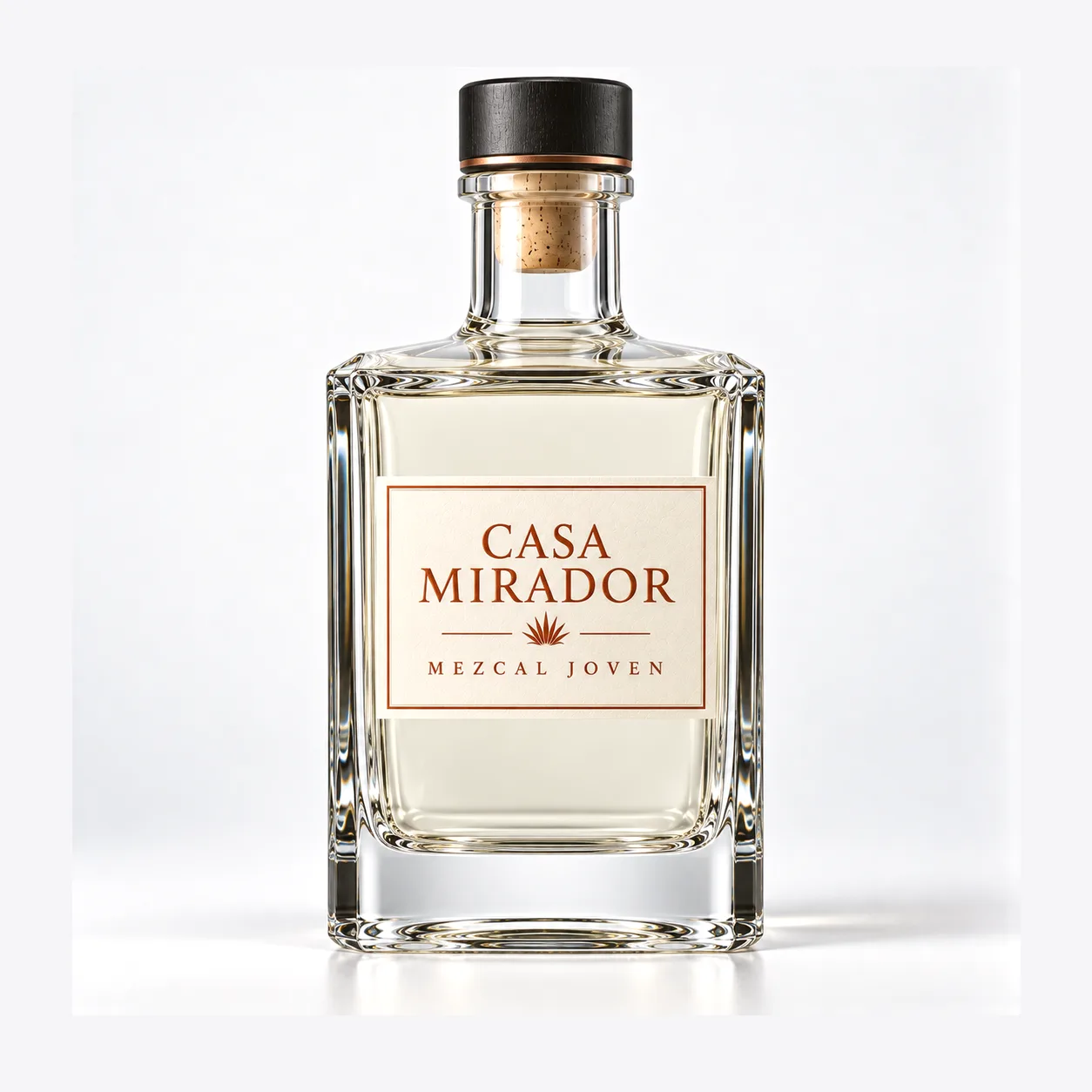 Another square glass spirits bottle showing flat label panels and shoulder line